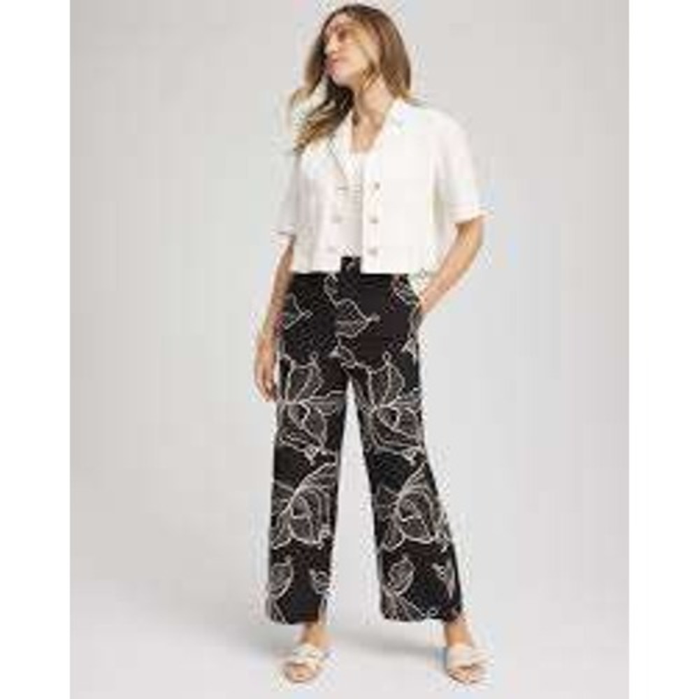 Chico's Black Embroidered‎ Linen Blend Cropped Wide Leg Pants Womens 12 NWT